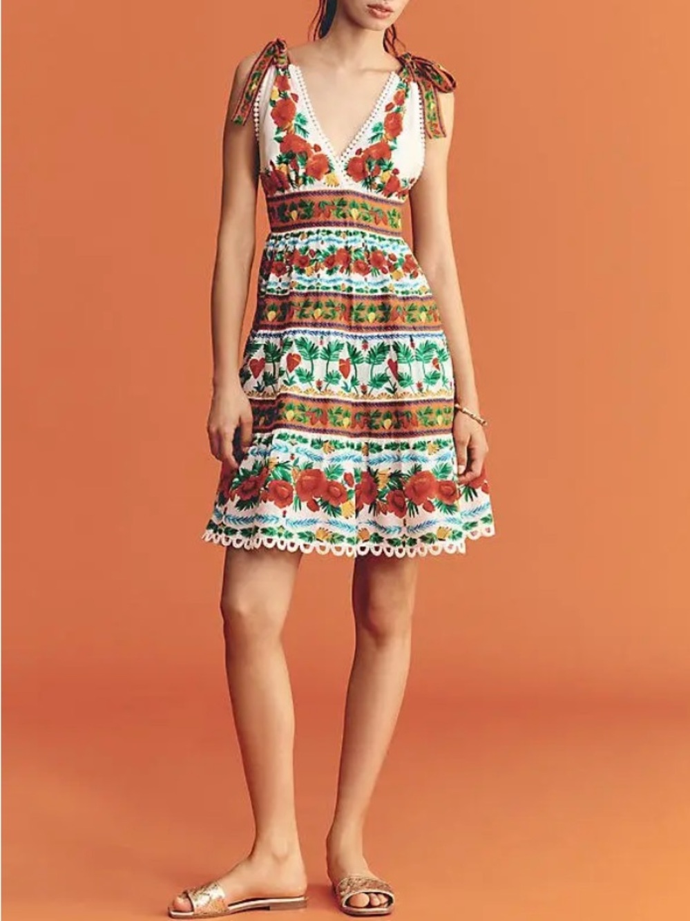 Farm Rio x Anthropologie V-Neck Tiered Mini Dress | LARGE - Picture 3 of 13